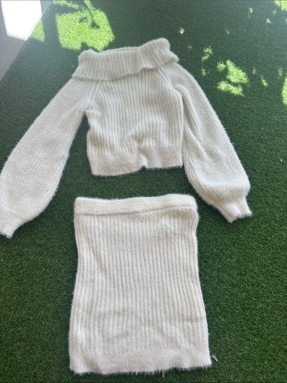 Fashion Nova Cream Off-the-Shoulder Ribbed Sweater Set